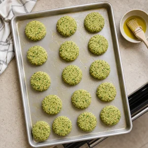 Raw falafel patties arranged on an oiled rimmed sheet pan