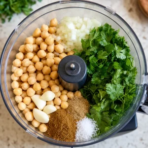 Soaked chickpeas, herbs, onion, garlic, and spices in a food processor