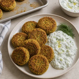 Warm baked falafel served on a plate with tzatziki and dill