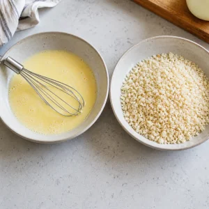 Buttermilk egg mixture and panko breadcrumbs in two bowls