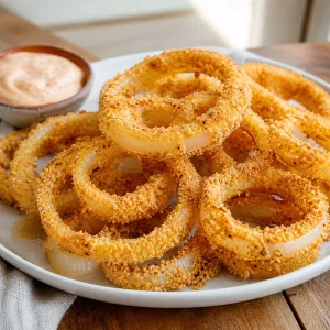Finished crispy baked onion rings on a plate with dipping sauce
