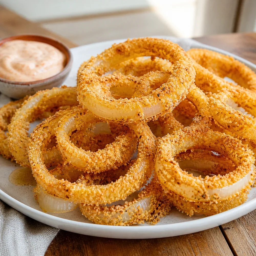 Finished crispy baked onion rings on a plate with dipping sauce