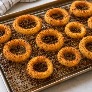 Golden baked onion rings crisping on a wire rack
