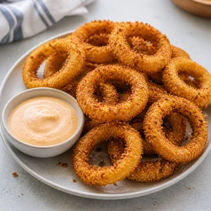 Hot baked onion rings served with a creamy dipping sauce