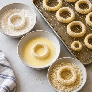 Onion rings being breaded and placed on a wire rack