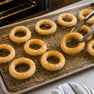 Partially baked onion rings being flipped with tongs