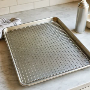 Rimmed baking sheet with a wire rack prepared for onion rings