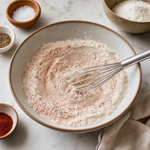 Seasoned flour mixture being whisked in a shallow bowl