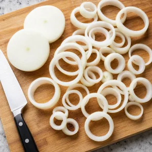 Sweet onions sliced into thick rings on a cutting board