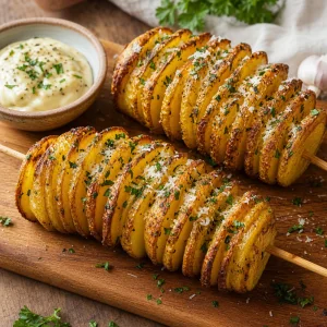 Crispy baked potato spirals brushed with garlic herb butter, sprinkled with Parmesan and parsley