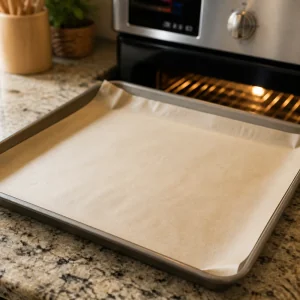 Parchment-lined baking sheet ready for crispy baked potato spirals