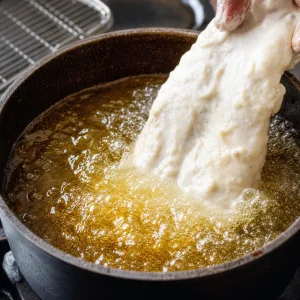Filete de bacalao con masa de cerveza bajado al aceite caliente burbujeante