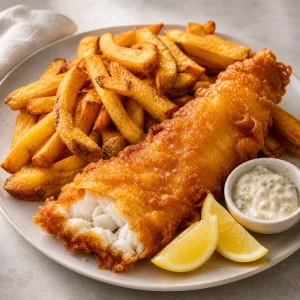 Pescado rebozado en cerveza servido con patatas triple fritas limon y salsa tartara