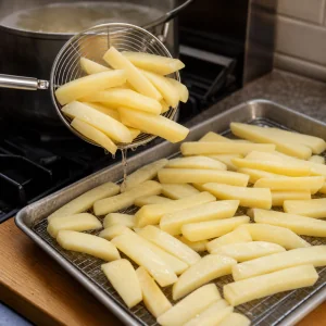 Patatas blanqueadas escurridas y extendidas en una bandeja para secarse al vapor