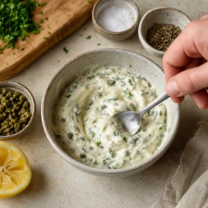 Salsa tartara cremosa mezclada con alcaparras perejil y limon