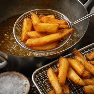 Patatas doradas triple fritas levantadas del aceite caliente en la fritura final