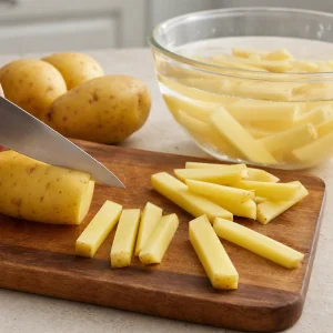 Patatas cortadas a mano en remojo con agua fría tras cortarlas