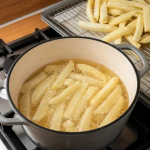 Patatas palidas cortadas a mano burbujeando en la primera fritura a baja temperatura