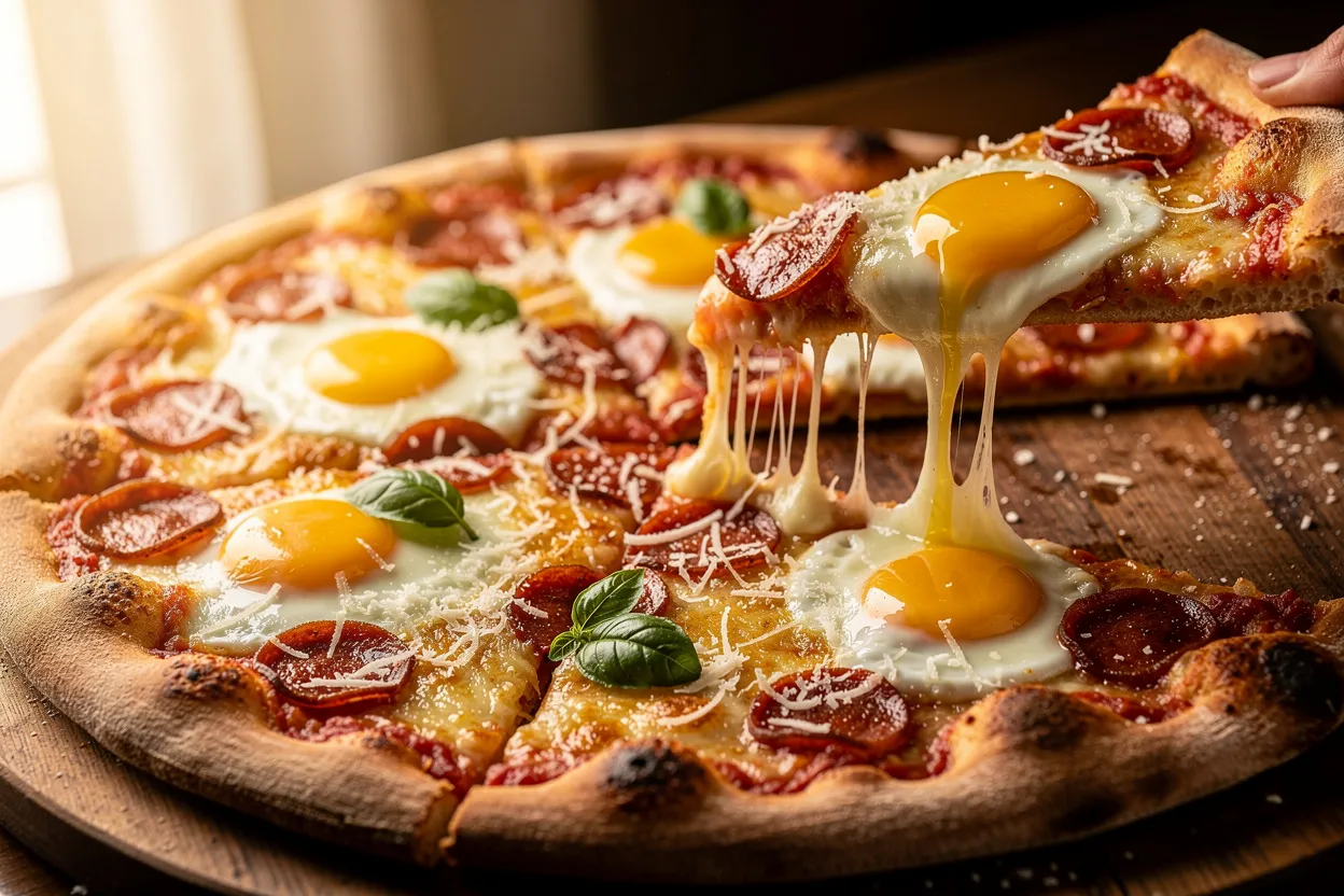 Crispy Breakfast Pepperoni Pizza with Sunny Eggs and Cheese