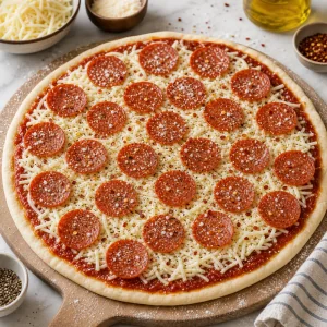 Pepperoni and mozzarella arranged on sauced pizza dough