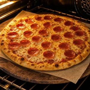 Pepperoni pizza baking with bubbling cheese