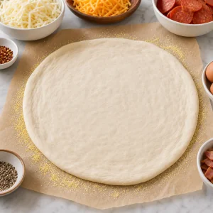 Pizza dough stretched on cornmeal-dusted parchment