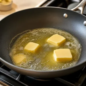 Butter melting into golden puddles in a non-stick skillet