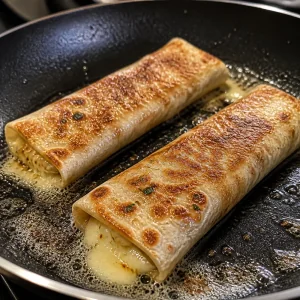 Golden lavash rolls sizzling with melted cheese at the edges