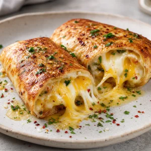 Sliced crispy lavash roll with gooey melted cheese and garlic butter