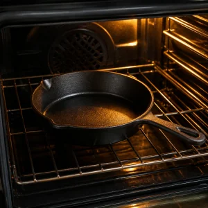 Empty cast iron skillet preheating on an oven rack