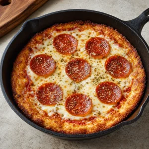 Finished mini skillet pepperoni pizza with bubbling mozzarella and a crisp golden crust
