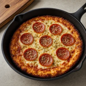 Finished pepperoni skillet pizza sprinkled with oregano and Parmesan