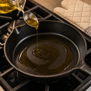 Olive oil poured into a hot black cast iron skillet