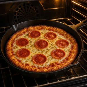 Pepperoni skillet pizza baking with bubbling cheese in the oven