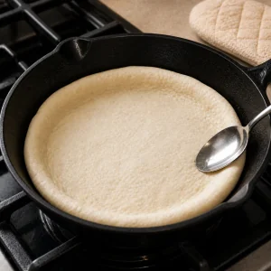 Raw pizza dough pressed up the sides of a cast iron skillet
