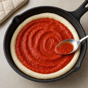 Tomato pizza sauce spread over dough in a cast iron skillet