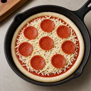 Unbaked skillet pizza topped with mozzarella and pepperoni