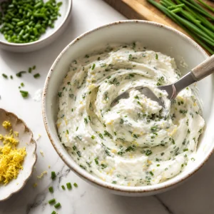 Un bol de queso crema con hierbas mezclado con crema agria, cebollino y ralladura de limon.