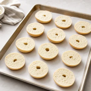 Mitades de mini bagel colocadas con el corte hacia arriba en una bandeja con papel de horno.