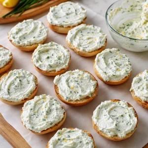 Mitades de bagel tostadas untadas con queso crema de hierbas antes de anadir el sazonador everything.