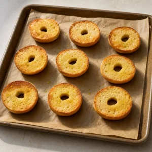 Mitades de mini bagel tostadas con bordes dorados y crujientes sobre papel de horno.