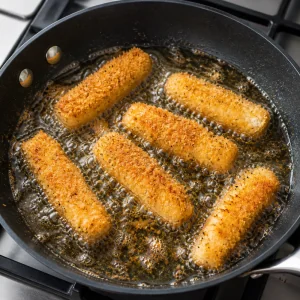 Breaded fish strips frying in hot oil