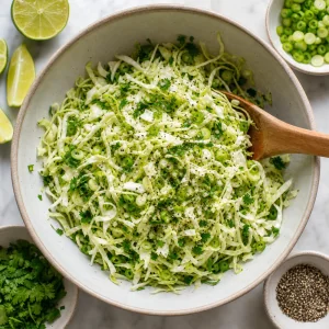 Cabbage slaw mixed with scallions, cilantro, and lime
