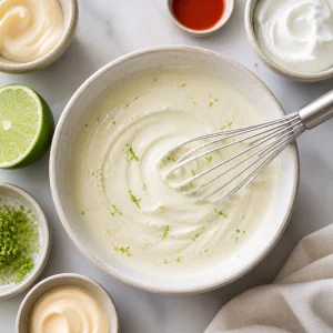 Creamy lime sauce whisked smooth in a bowl