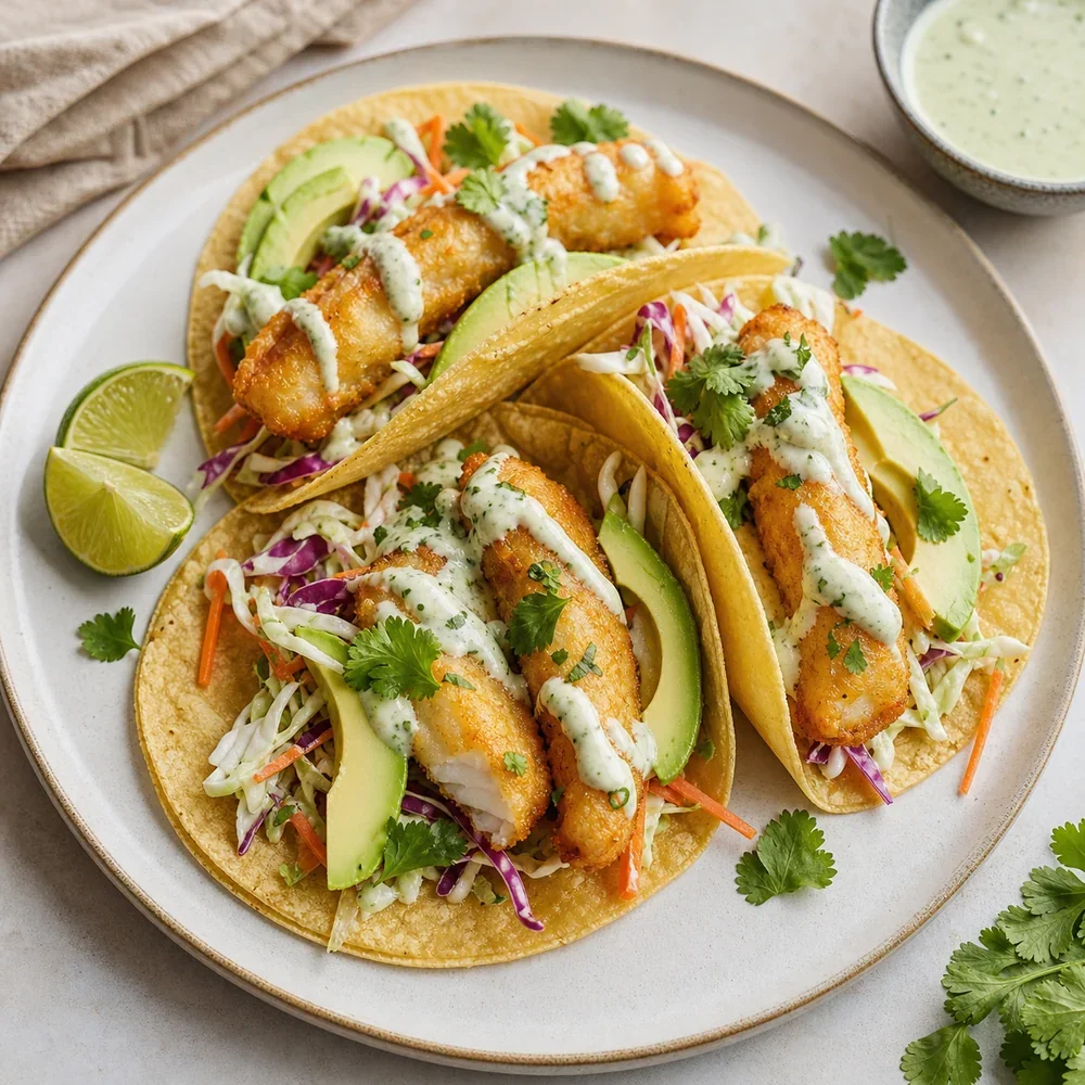Finished crispy fish tacos with cabbage slaw and lime sauce