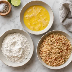 Flour, beaten eggs, and seasoned panko in three bowls
