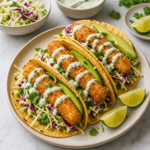 Tortillas filled with slaw, crispy fish, avocado, and lime sauce