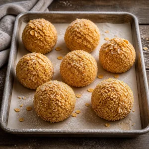Coated ice cream balls resting on a parchment-lined tray