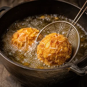 Cornflake coated ice cream balls frying in bubbling oil