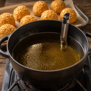 Oil heating in a heavy pot with coated ice cream balls nearby
